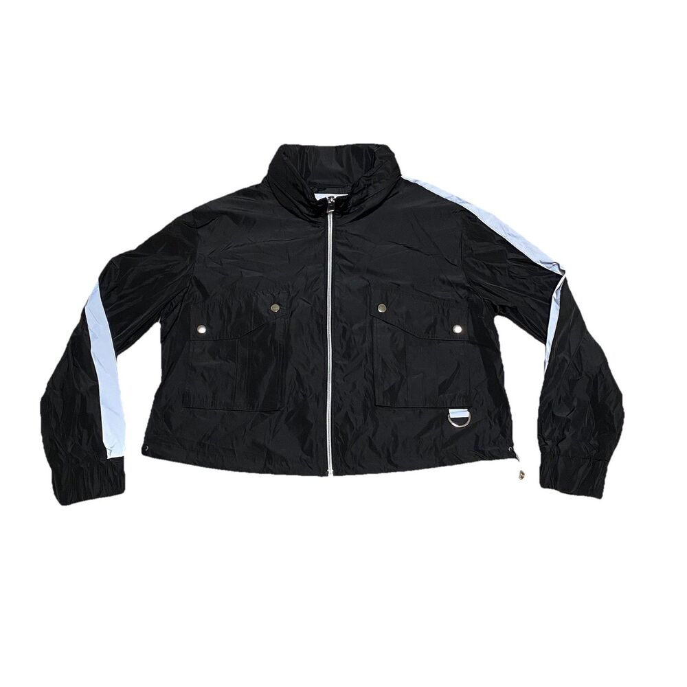 NVLT Windbreaker Jacket Womens M Black Reflective Trim Packable Full Zip Hooded